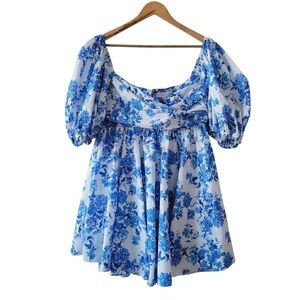 Caroline Constas White and Blue Floral Brie Mini Dress